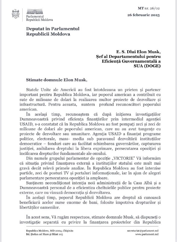 Deputatul Marina Tauber l-a rugat pe Elon Musk să dezvăluie beneficiarii granturilor americane în Moldova